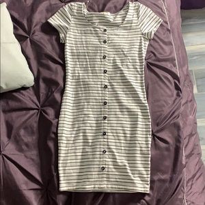 Black, grey and white striped dress with buttons